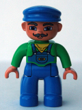 LEGO 47394pb048 Duplo Figure Lego Ville, Male, Blue Legs, Green Top with Yellow Scarf, Blue Cap, Curly Moustache (Train Engineer)