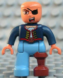 LEGO 47394pb089 Duplo Figure Lego Ville, Male Pirate, Medium Blue Legs, Dark Blue Top with Buttons, Bald Head, Eyepatch, Peg Leg